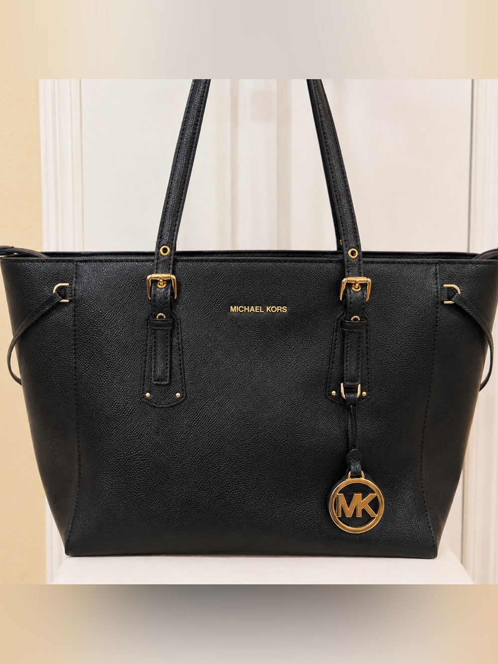 Michael Kors Black Leather Tote with Gold Accents